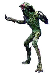 3D Rendering Green Alien on White