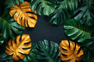 Golden monstera and fern leaves forming a circular frame on a black background, leaving the center empty, Generative AI