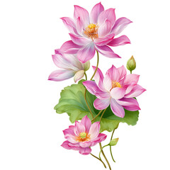 A watercolor painting of pink lotus flowers with green leaves on a black isolated background art piece