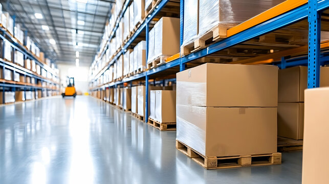 ig Retail Warehouse full of Shelves with Goods Stored on Manual Pallet Truck in Cardboard Boxes and Packages