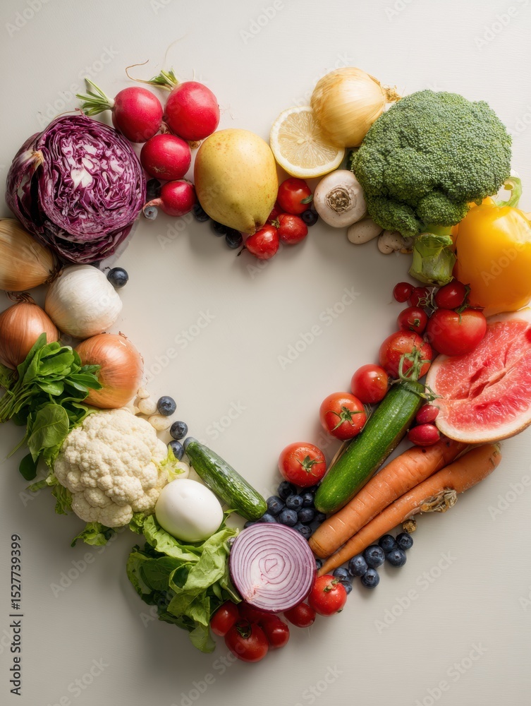 Poster healthy food arranged in a heart shape with a clear top edge highlighting fresh vegetables and fruit