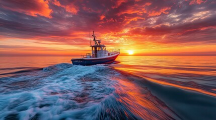 A small fishing boat at sunset
