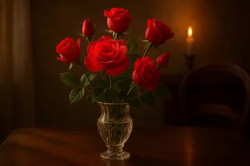 Romantic Red Roses in Vintage Vase With Candlelight. Bouquet of red roses in a vintage glass vase under soft candlelight ambiance. 