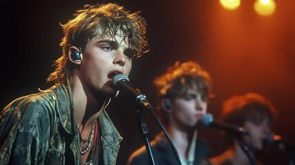 Young male lead singer performing passionately on stage - Powered by Adobe