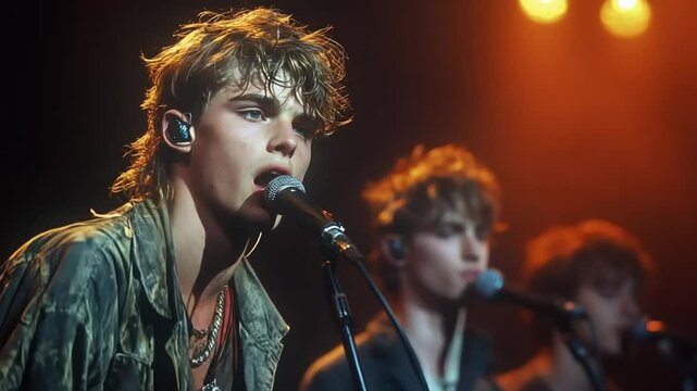 Young male lead singer performing passionately on stage