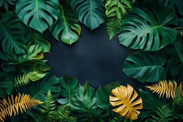 Naklejka premium Golden monstera and fern leaves arranged on a black background, forming an elegant and natural frame, Generative AI