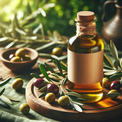 Glass bottle of olive oil on wooden board with green and black olives and olive branches on table, natural cooking ingredients concept.