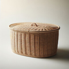 A woven wicker storage basket with a lid. The basket is oval-shaped and made of natural materials, suitable for organizing items in a home.