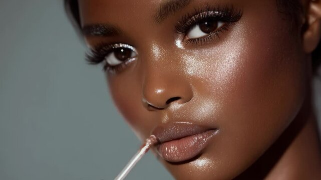 Young african woman posing in front of camera using lip gloss cosmetic product - Beauty and advertisement concept - Model by AI generative 