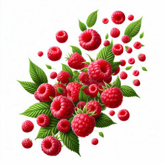 Fresh red raspberries with green leaves isolated on white background, healthy fruit concept.
