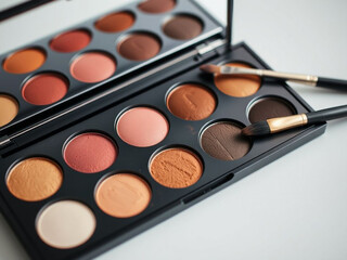 A makeup artist s palette of warm earth tones promising a transformative glow with brushes poised for artistry and
