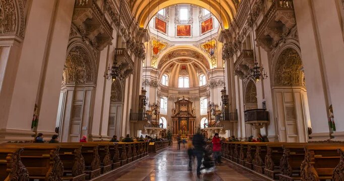 Salzburg, Austria - December 23, 2024: Audience gathering for organ concert at Salzburg Cathedral. Timelapse, slide transition.