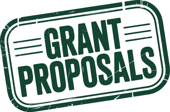 Distressed Green Rubber Stamp Depicting Grant Proposals on White Background with Horizontal Lines Design