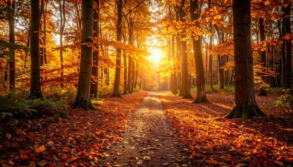 Amber-toned forest during golden hour, leaves glowing warmly to convey nostalgic comfort, path fading into gentle dusk 
