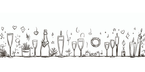 Naklejka premium Hand-drawn celebration scene with champagne, glasses, candles, and decorations
