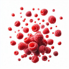 Multiple fresh red raspberries isolated on white background, close-up of ripe berries, healthy fruit concept.