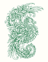 fire dragon with victorian flourish decoration in black and white illustrations, cutout graphic