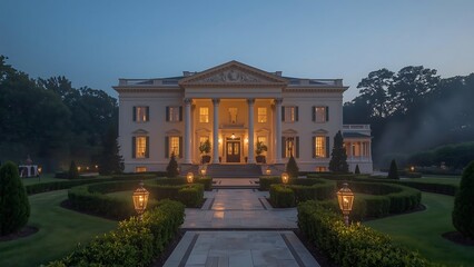 Obraz premium Twilight elegance: A grand mansion with glowing windows, tall columns, and a path lined with lanterns