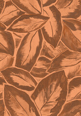 Close-up large ficus leaves painted by hand of brush strokes seamless pattern in trendy brown tones. Artistic botanical leaves drawn by hand for wrapping paper, textile, home decor. 