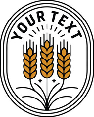 Oval Logo with Three Golden Wheat Stalks and Your Text Placeholder Above in Black Outline
