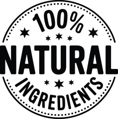 Black 100 Percent Natural Ingredients Seal with Stars and Dashed Circular Border on White