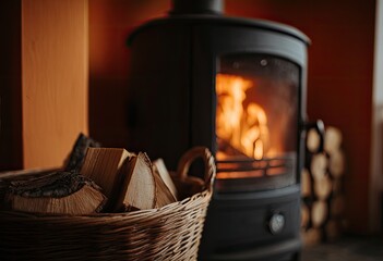 Cozy wood-burning stove with basket of logs