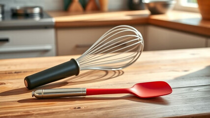 Baking dreams begin A whisk and a vibrant red spatula ready to create culinary magic in a sun kissed kitchen with warm