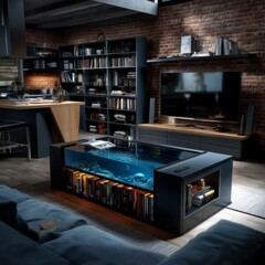 Modern living room aquarium coffee table design contemporary home interior decor cozy atmosphere innovative concept