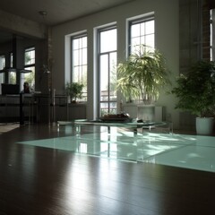 Modern apartment interior design cozy living room digital art bright environment wide angle home aesthetics