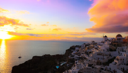 The famous of landscape view point as Sunset sky scene at Oia town on Santorini island, Greece