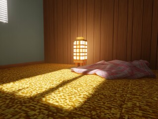 Cozy room ambiance minimalist interior photorealistic scene soft lighting view from above serenity and comfort