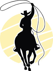Front-facing silhouette of a cowboy swinging a lasso with sun backdrop. Perfect for dynamic Western-themed artwork and logos.