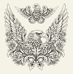 Hawk bird with victorian flourish decoration, eagle stencil logo, black and white animal illustration