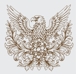 Hawk bird with victorian flourish decoration, eagle stencil logo, black and white animal illustration
