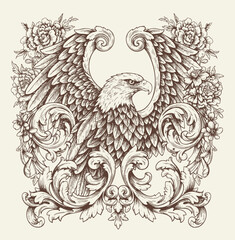 Fototapeta premium Hawk bird with victorian flourish decoration, eagle stencil logo, black and white animal illustration