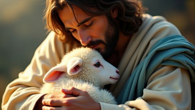 Jes&uacute;s con una expresi&oacute;n dulce pero fuerte, acunando en sus brazos a un tierno cordero perdido
