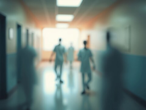 Pasillo de hospital abstracto y borroso con iluminaci&oacute;n suave y figuras distantes, concepto de memoria, transici&oacute;n o incertidumbre