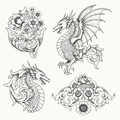fire dragon with victorian flourish decoration in black and white illustrations, cutout graphic