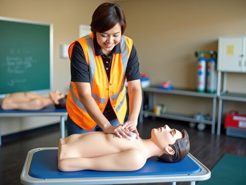 Instructora de RCP que demuestra respiraci&oacute;n de rescate con una m&aacute;scara de bolsillo en un maniqu&iacute; en un aula de habilidades de emergencia