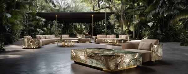 Luxurious outdoor lounge setting surrounded by lush greenery tropical oasis furniture design relaxation elevated perspective
