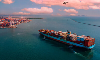 Aerial view of Business trip with ship the partner connection Container Cargo freight ship for Import Export