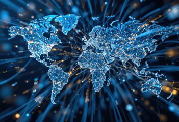 Red global de fibra óptica que conecta continentes con luz pulsante, representando infraestructura de Internet y comunicación digital rápida