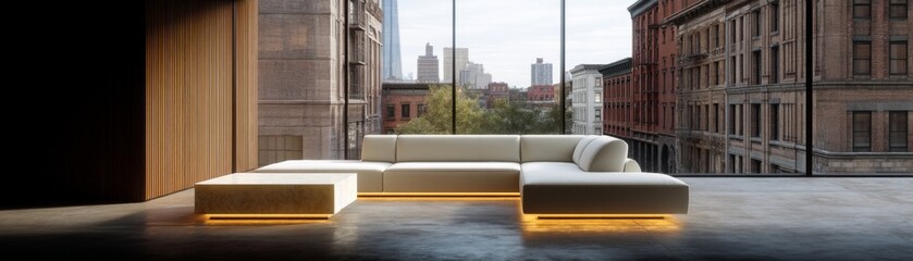 Modern sofa design urban apartment interior decor contemporary style city view minimalist concept for seo impact