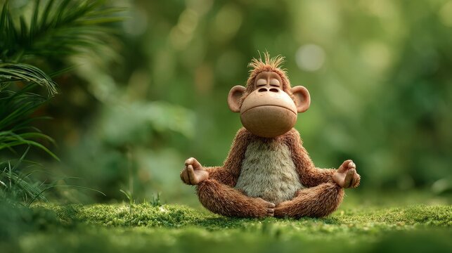 funny monkey in yoga pose sitting on the grass outdoor, calmness, abstract, meditation