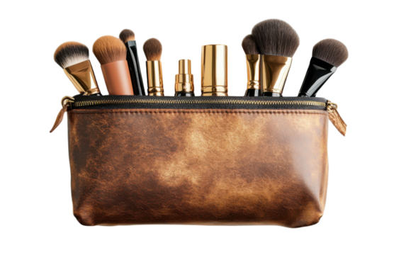 Purse with a variety of makeup brushes in it