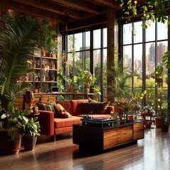 Cozy indoor living space with lush plants urban apartment interior design green environment inviting view relaxation concept