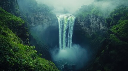 A powerful waterfall plunging into a rugged canyon, mist rising, dramatic cliffs with lush greenery framing the awe-inspiring landscape