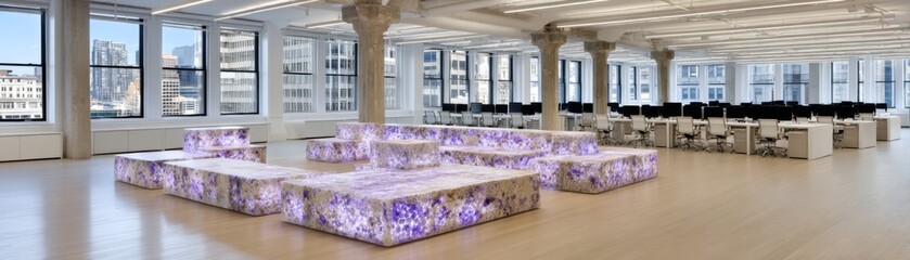 Modern office design urban workspace interior layout bright environment wide angle view creative concept for collaboration