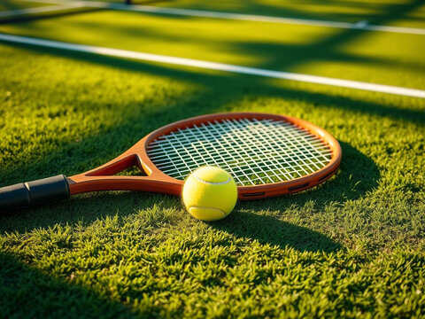 Ready for a rally A vibrant yellow tennis ball rests near a classic wooden racket on lush green grass game on with soft