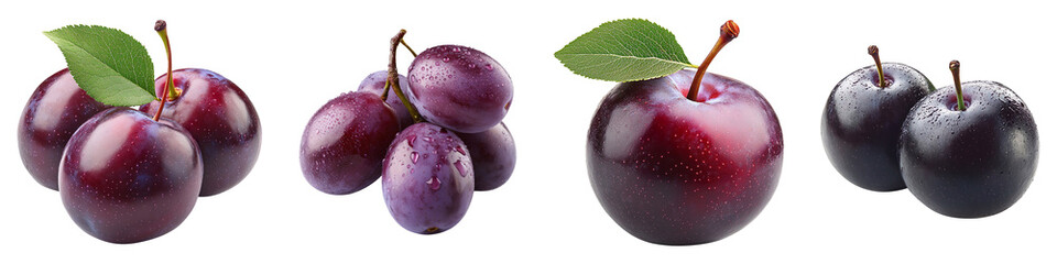 Collection of damson plum fruits, isolated on a transparent background